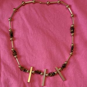 VINTAGE 80s Statement Necklace Tiger Eye Gold Tone Bars Beads